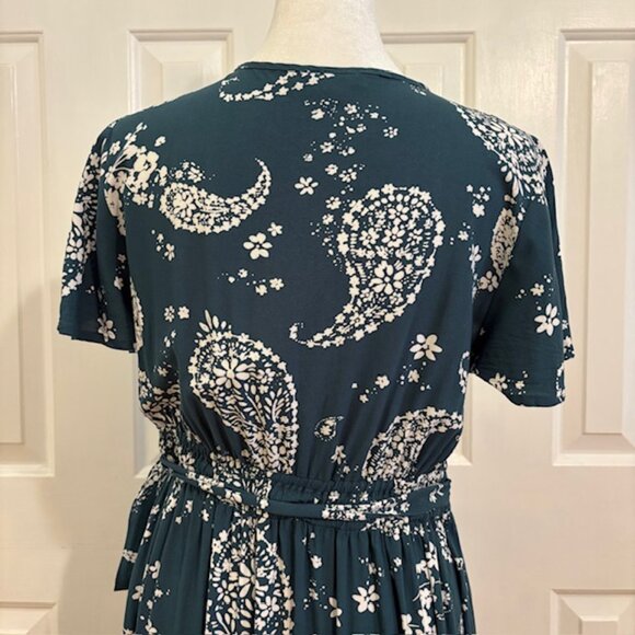 Patrons of Peace Teal Paisley Faux Wrap Maxi Dress w/Split Flutter Sleeves Sz L - Picture 9 of 13